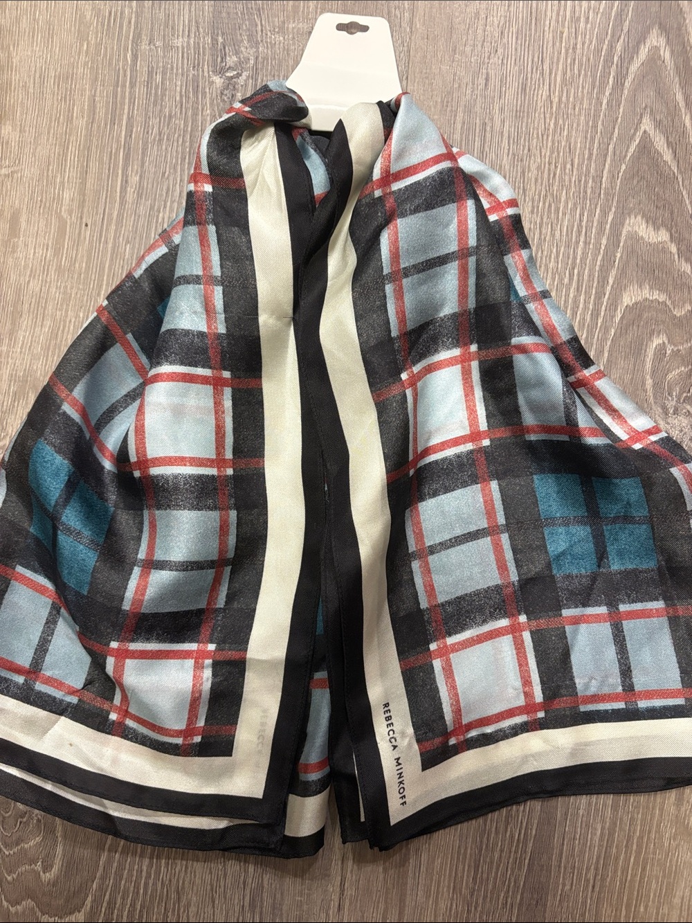 Rebecca Minkoff Silk Teal, Black and Gray Plaid Square Scarf